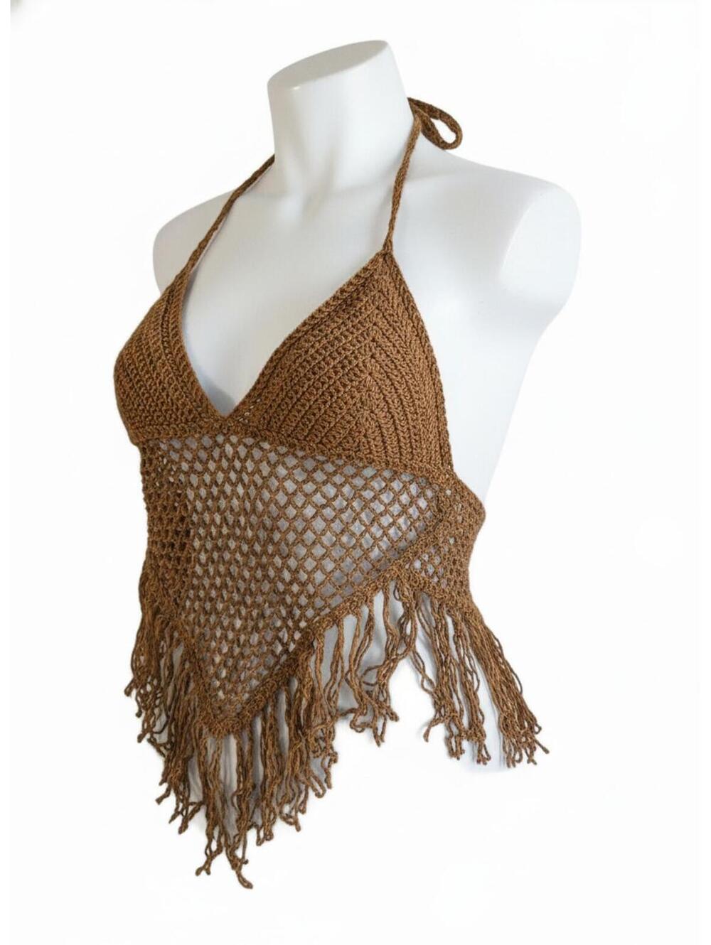 Timing Brown 100% Cotton Crochet Fringe Sleeveless Top Size M